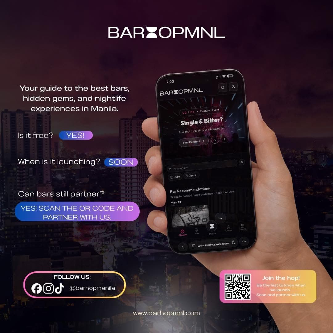 BarhopMNL app preview with bar recommendations and events